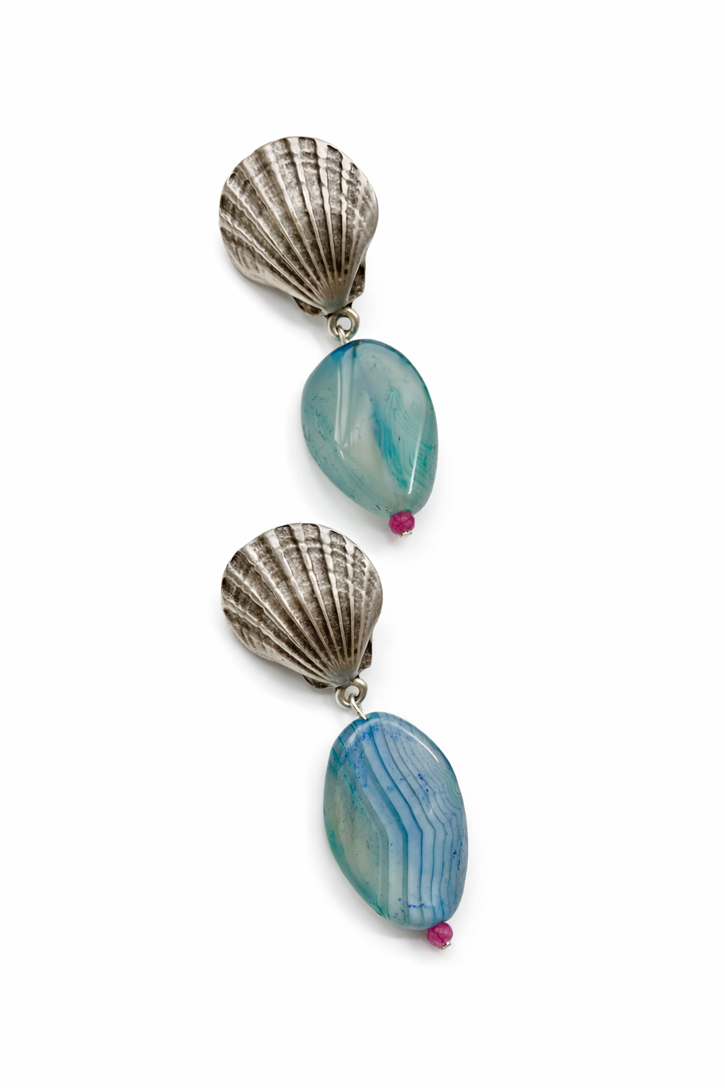 Marseille collection - Blue And Pink Agate Silver Shell Earrings