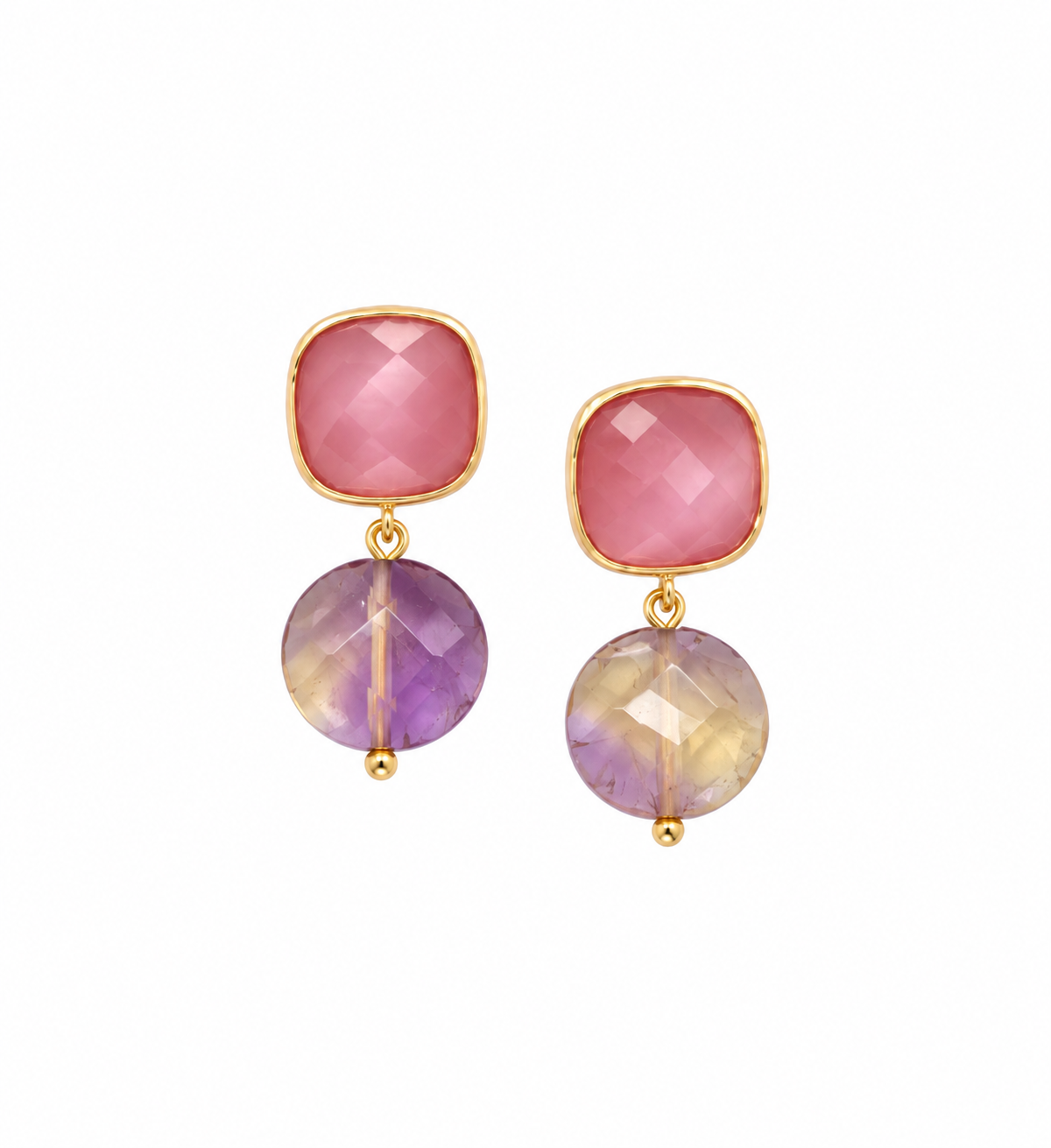 Marseille collection - Basilique Earrings With Pink Painted Glass And Ametrine Coin Pendants