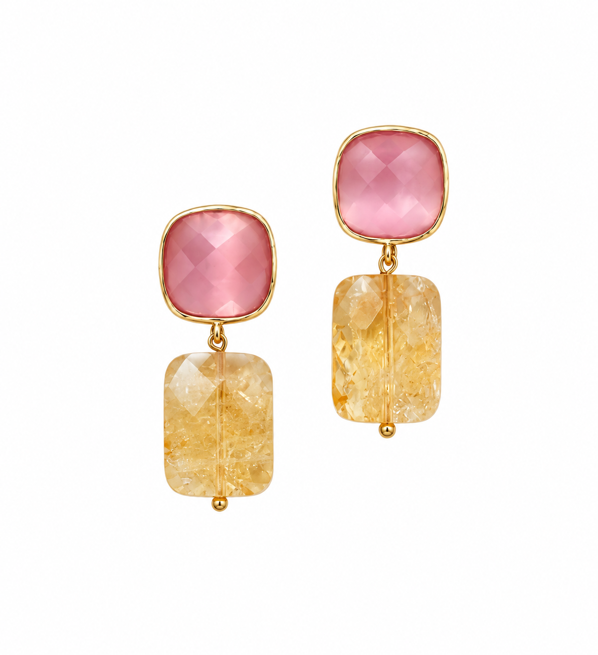 Marseille collection - Basilique Earrings With Pink Painted Glass And Rectangular Citrine Drops