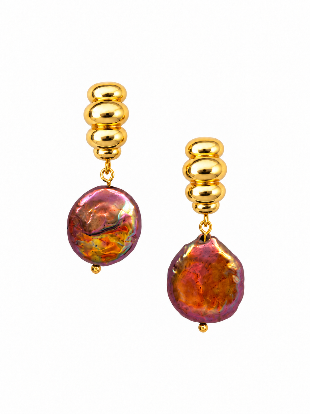 Cassis collection - Croissant Earrings With Fire Pearl Coin Pendants