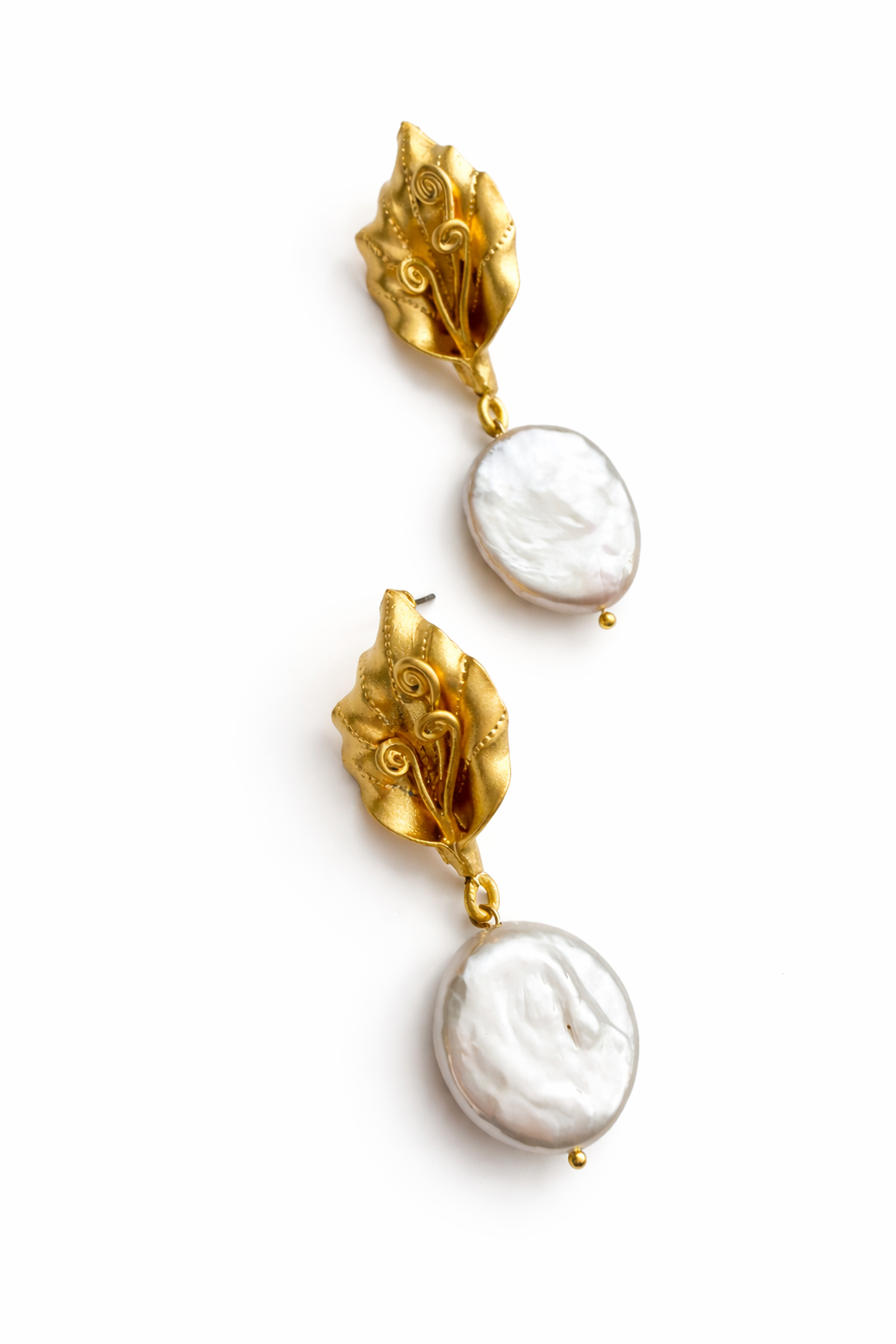 Giverny collection - Large Matte Floral Studs With Large Pearl Coin Earrings