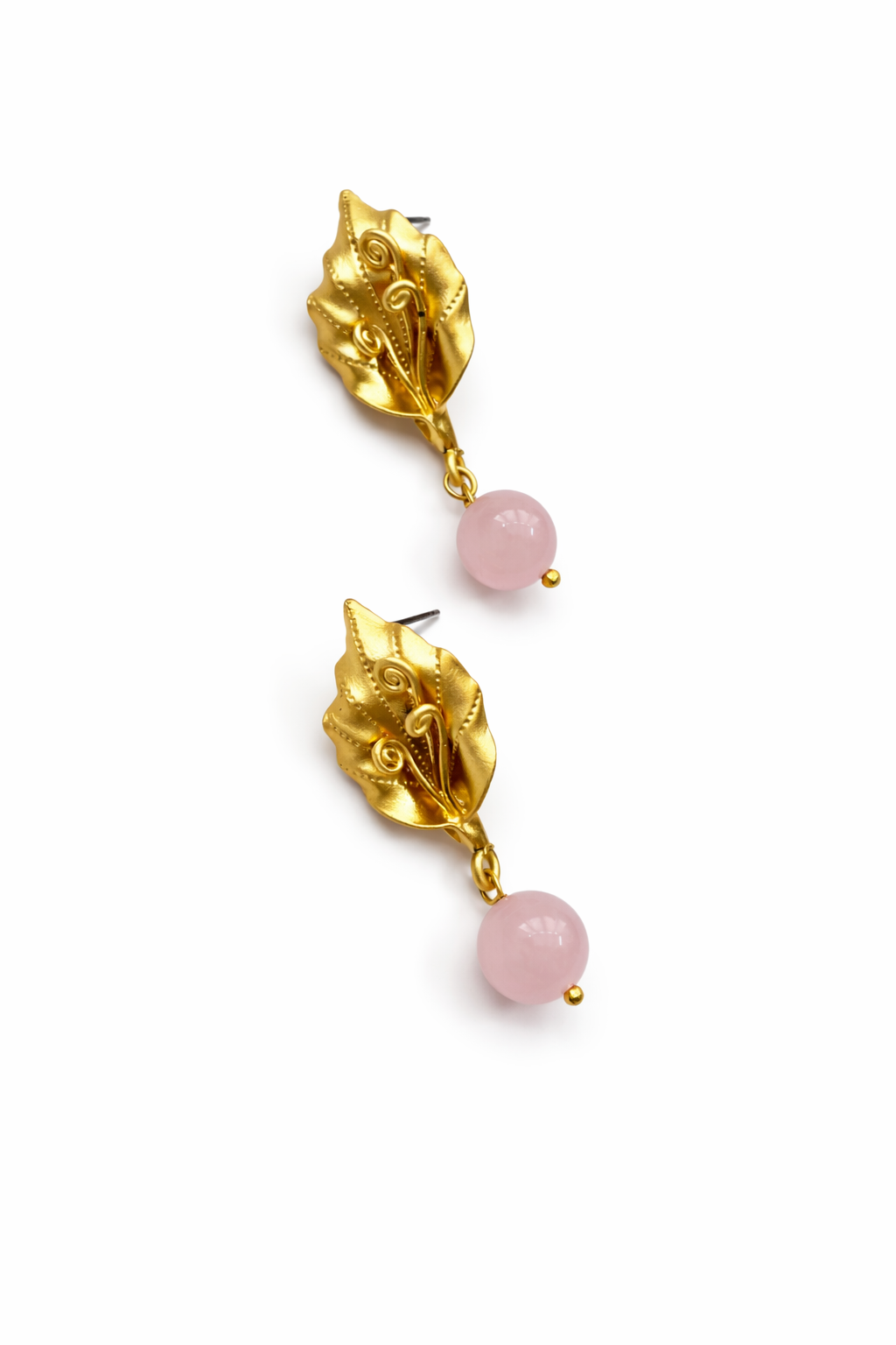 Giverny collection - Matte Floral Studs With Small Rose Quartz Drop Earrings