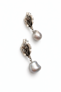 Giverny collection - Antique Silver Floral Studs With Grey Metallic Pearl Earrings