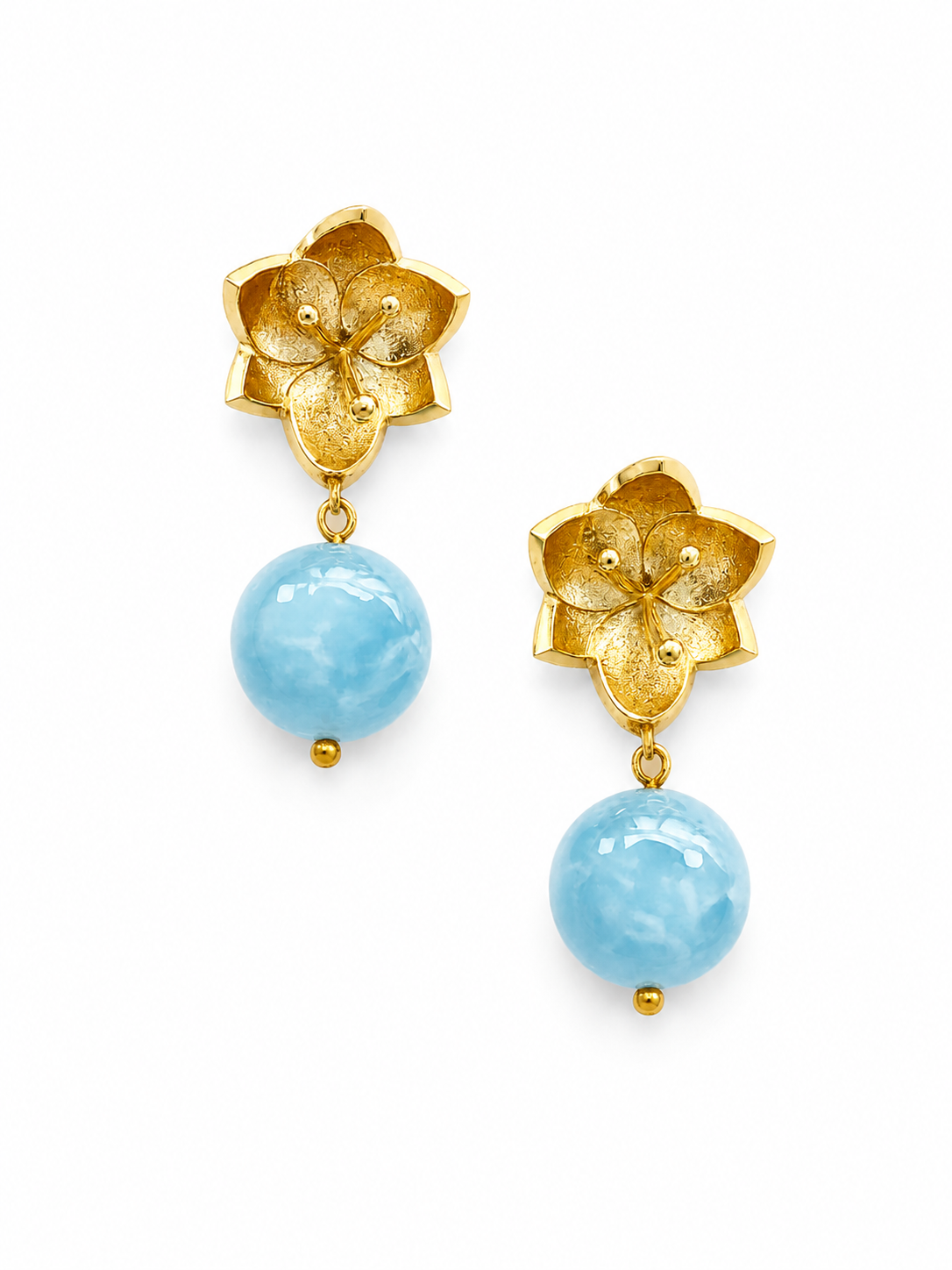 Giverny collection - Golden Water Lily Earrings With Aquamarine Orbs