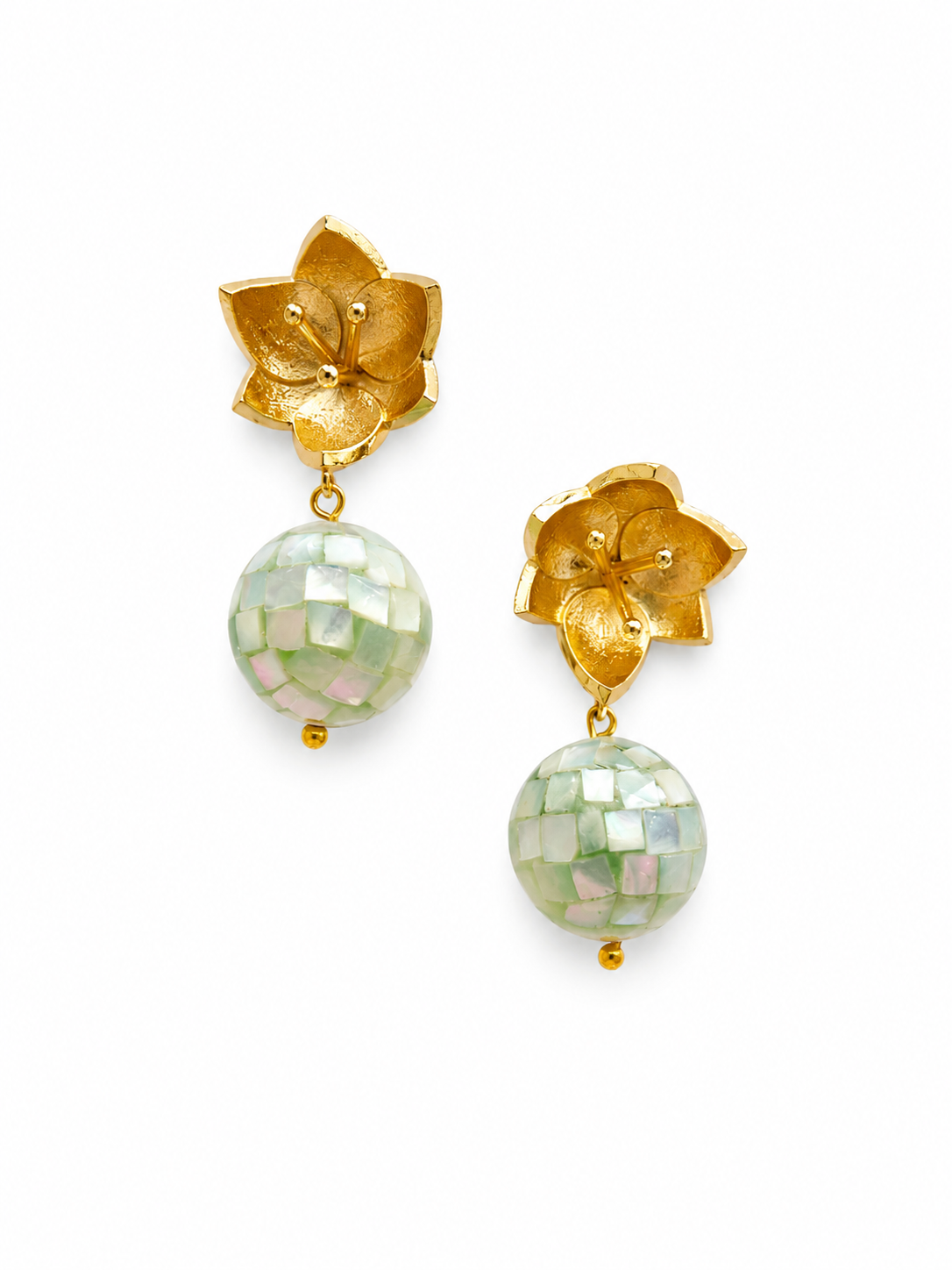 Giverny collection - Golden Water Lily Earrings With Mosaic Mother Of Pearl Orbs