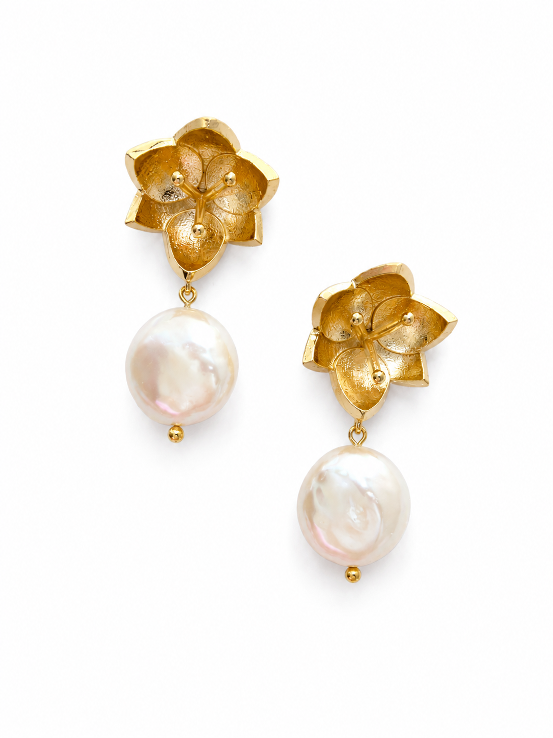 Giverny collection - Golden Water Lily Earrings With Coin Pearl Pendants