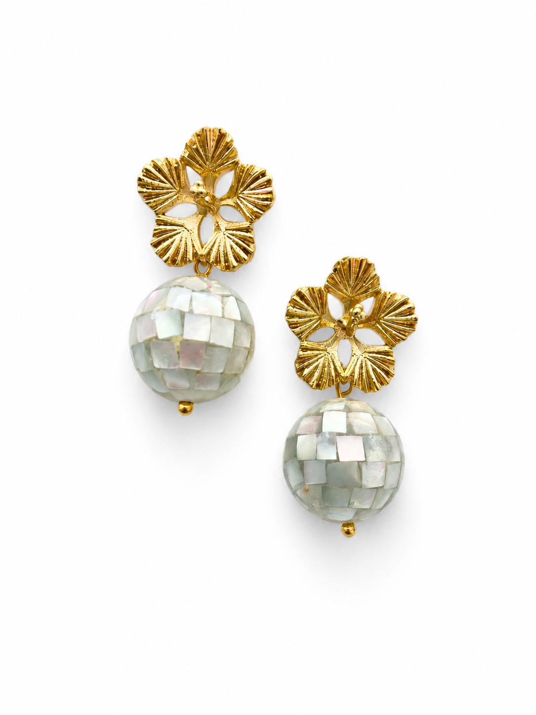 Giverny collection - Golden Marguerite Earrings With Mosaic Mother Of Pearl Orbs