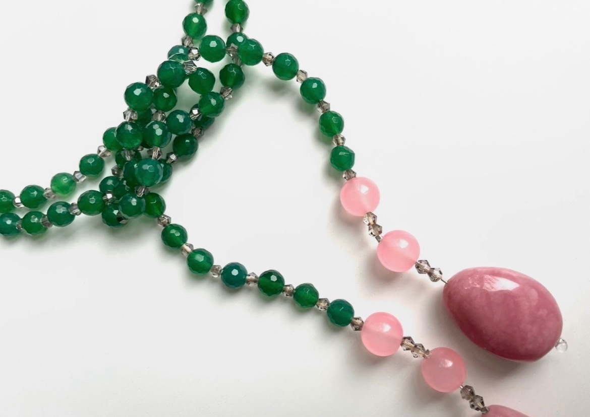 Giverny collection - Extra Long Onyx, Rose Quartz And Pink Opal Lariat Necklace