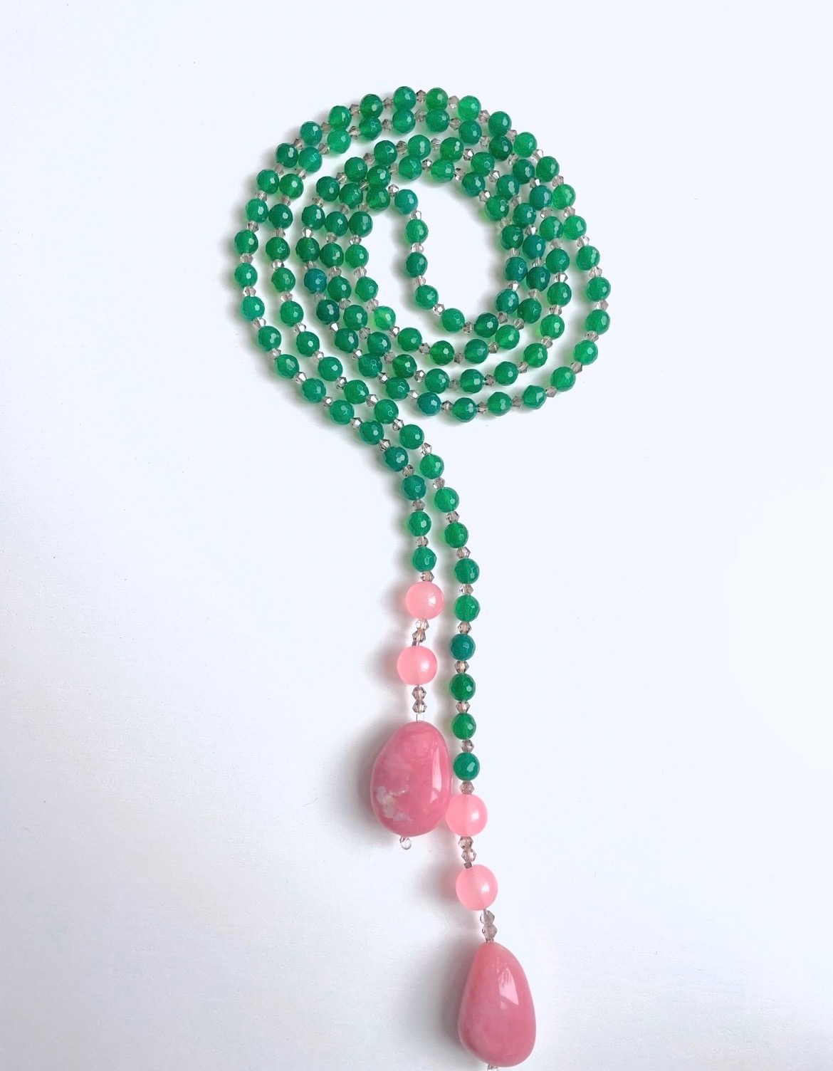 Giverny collection - Extra Long Onyx, Rose Quartz And Pink Opal Lariat Necklace