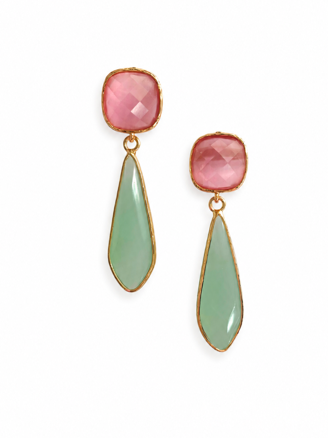 Marseille collection - Basilique Gold Plated Earrings In Jade and Pink Painted Glass