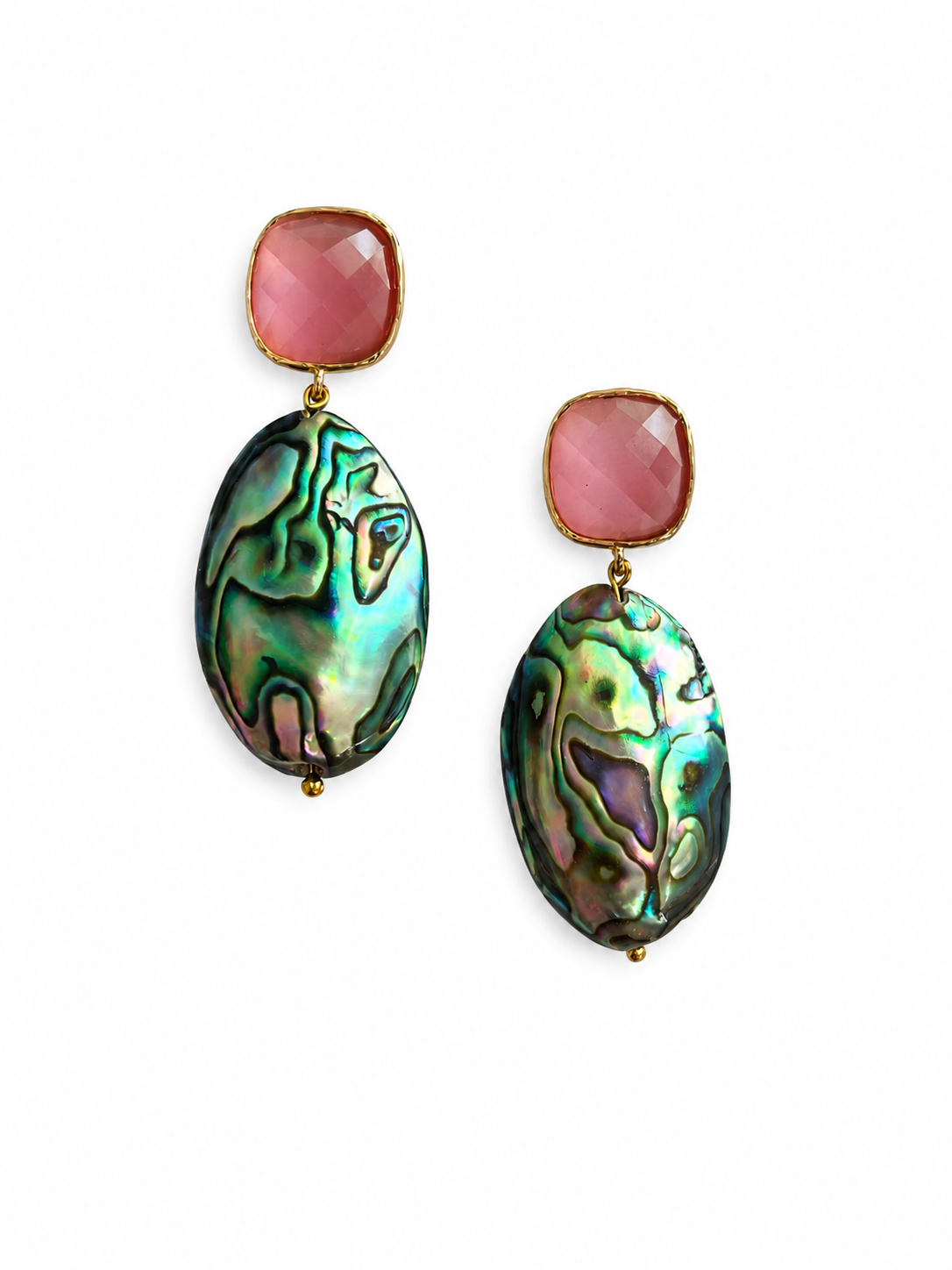 Marseille collection - Basilique Earrings In Painted Pink Glass And Metallic Rainbow Abalone Shell