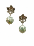 Giverny collection - Silver Water Lily Earrings With Small Mosaic Mother Of Pearl Orbs
