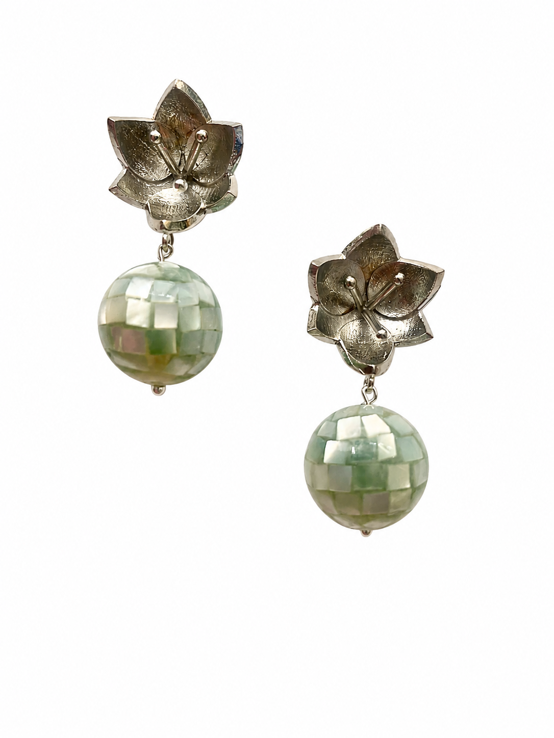 Giverny collection - Silver Water Lily Earrings With Small Mosaic Mother Of Pearl Orbs