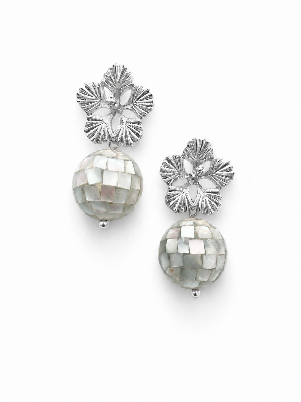 Seen on Zara Tindall at Peter Phillips and Harriet Sperling's wedding in June 2026 - Giverny Silver Marguerite Earrings With Mosaic Mother Of Pearl Orbs